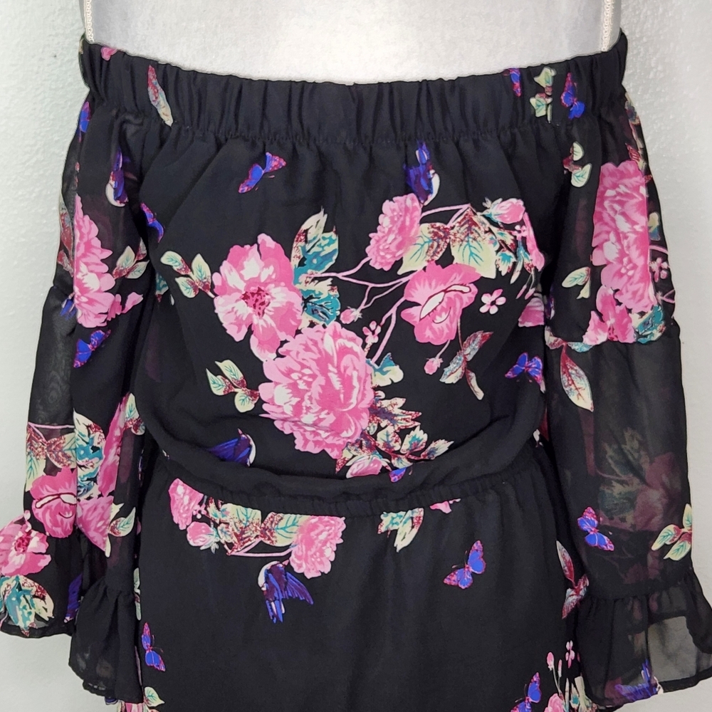 Hint Of Blush Black & Pink Floral Off The Shoulder Mini Dress Size Medium - Picture 8 of 12